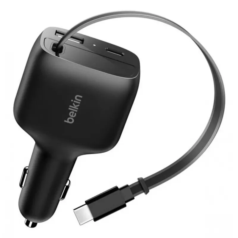 Belkin 75 W 2 portu ar izvelkamo USB-C kabeli automašīnas lādētājs — Kabelis (CCC001HQBK)