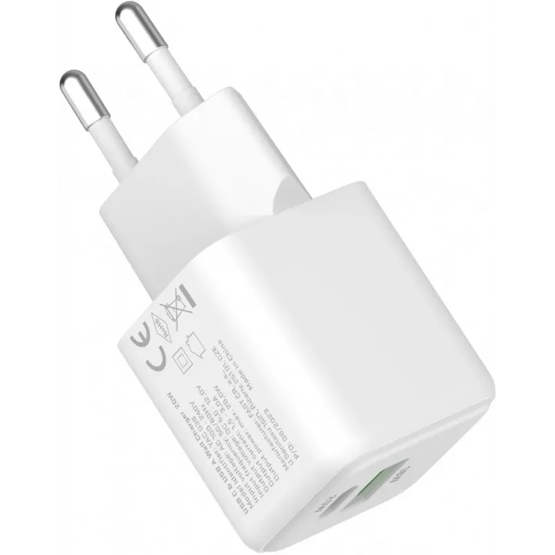 USB C/A tīkla lādētājs YENKEE YAC G38 20W 3A ar Power Delivery atbalstu (USB‑C un USB‑A)