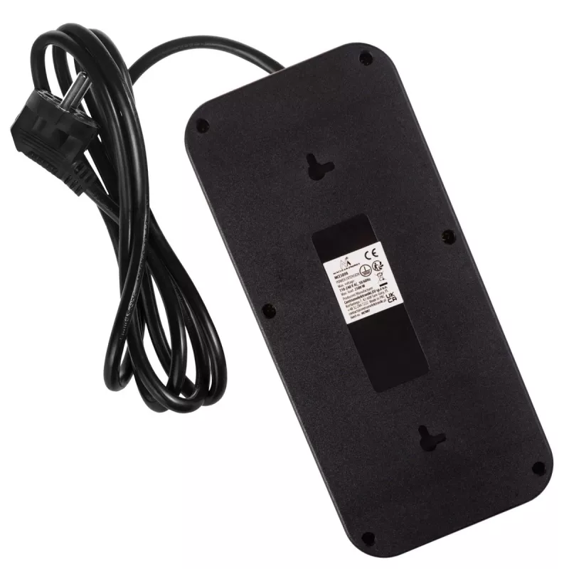 Strāvas sadalītājs MACLEAN MCE389 B — 6 rozetes, 4×USB-A + 1×USB-C, 110–240V, 2.1A, 2500W, 1,5 m kabelis, melns