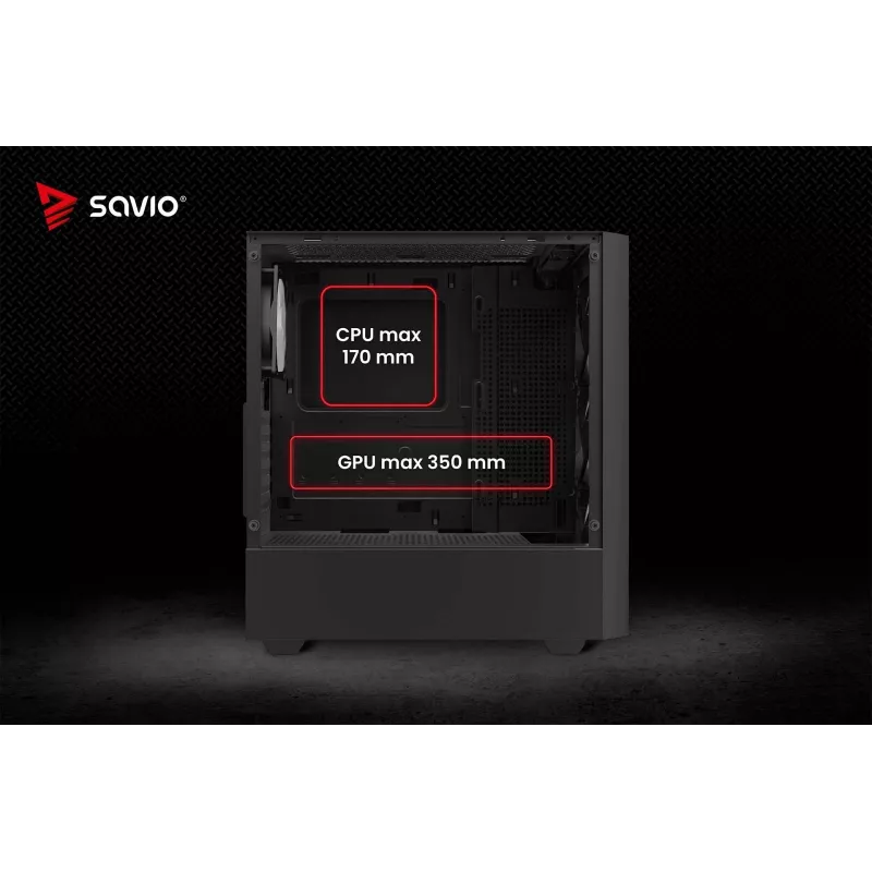 PC korpuss SAVIO Noctis Flow RGB — Cube, ATX/Mini-ITX, 3x 120 mm priekšējie ventilatori, rūdīta stikla sānu panelis, max GPU 35 cm