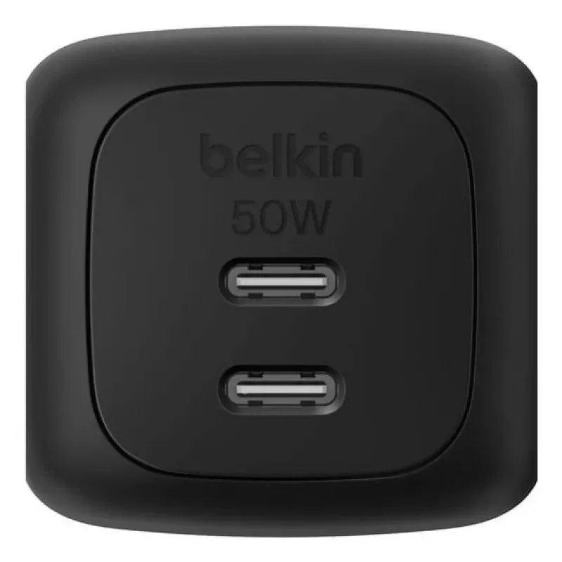 Iekštelpu maiņstrāvas ātrais lādētājs Belkin WCH019kqBK — 2× USB‑C, melns, OVP/OC/OT/SC aizsardzība