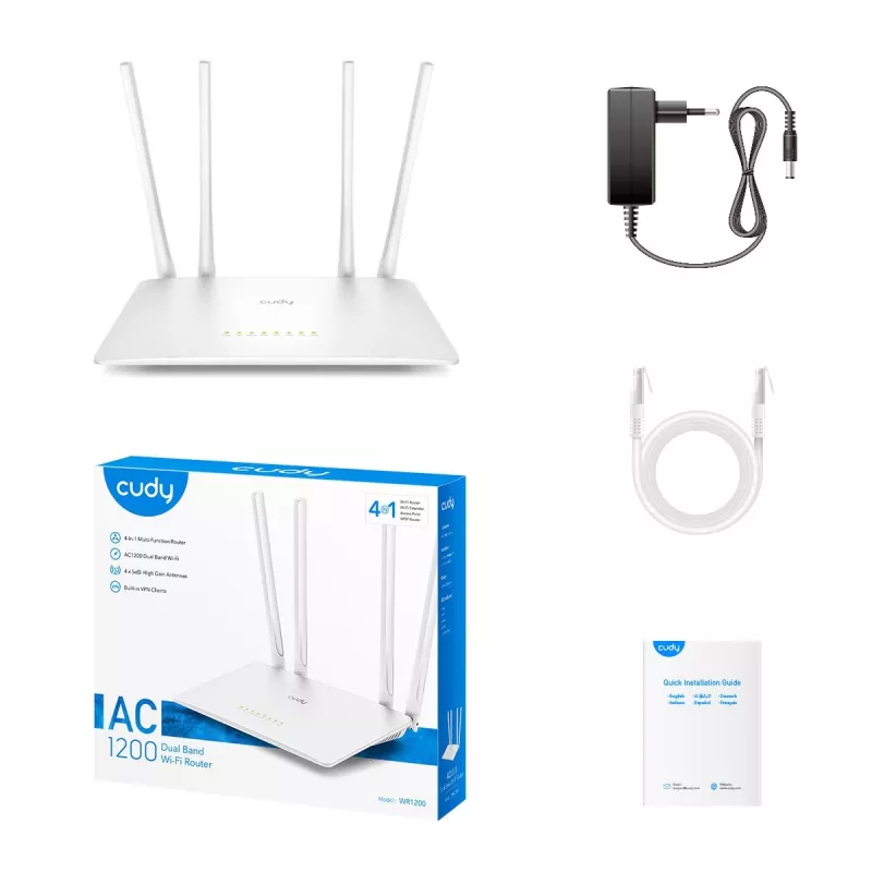 Galda maršrutētājs Cudy WR1200 Divjoslu Wi‑Fi 5 (802.11ac) 867 Mbit/s, 4x RJ‑45 LAN, Balts