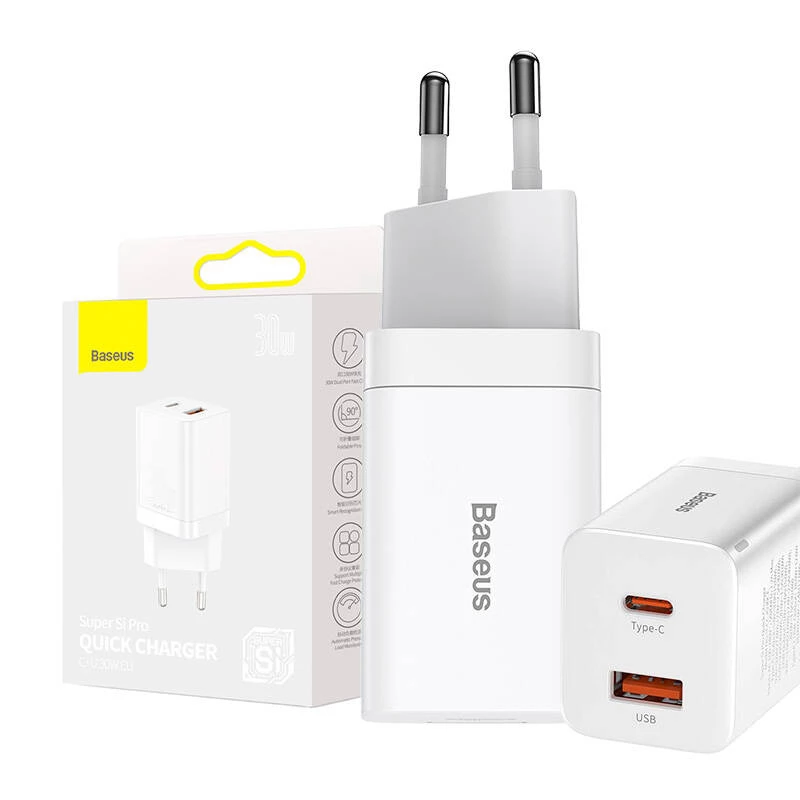 Baseus Super Si Pro Quick Charger USB + USB-C 30W (balts)