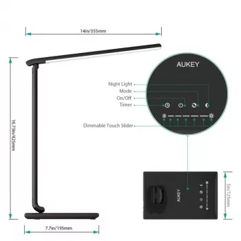 LED galda lampa Aukey LT-T10 12W 3000–6500K — regulējama krāsu temperatūra, melna