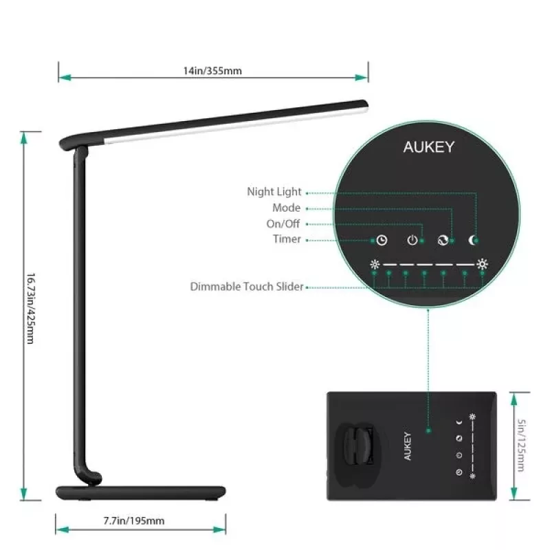 LED galda lampa Aukey LT-T10 12W 3000–6500K — regulējama krāsu temperatūra, melna