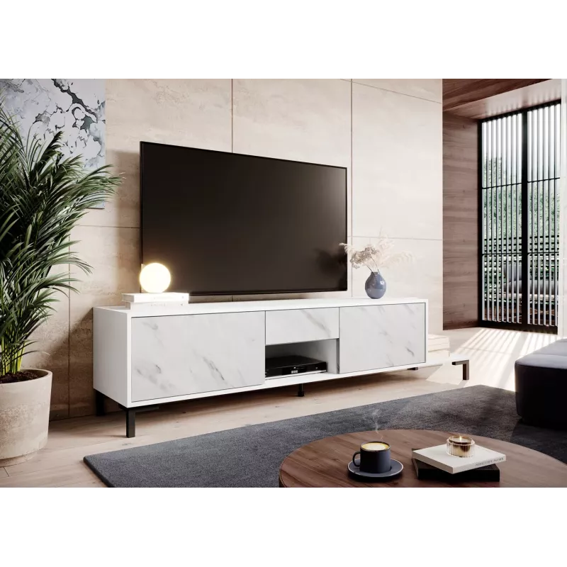 TV skapītis Cama Meble MARMO 2D1S1K, 195x40x47,5 cm, balts matēts/virsma marmora balta