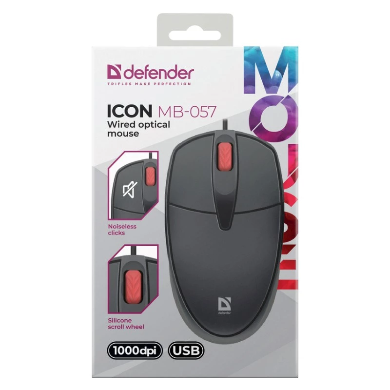 pele DEFENDER ICON MB-057 OPTICAL 1000dpi 3P Melns SILENT CLICK