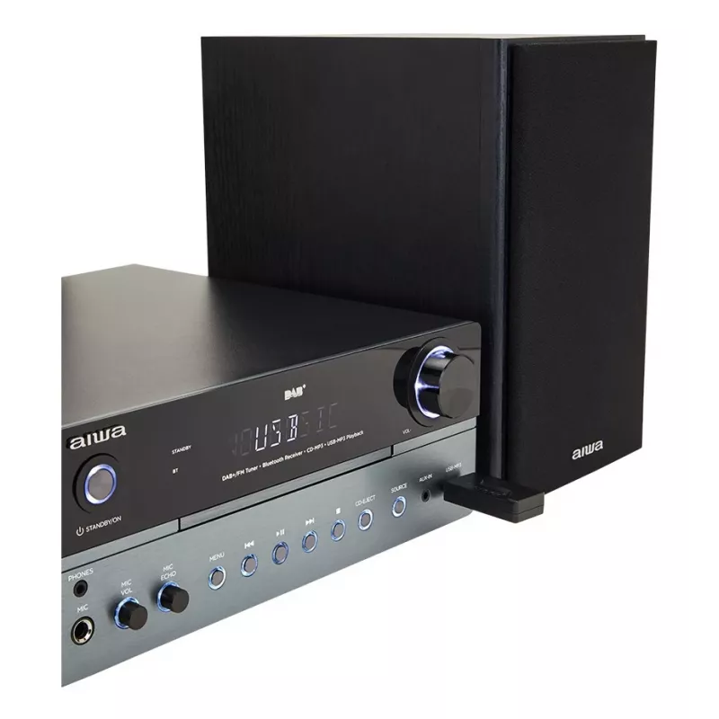 Mājas audio mikrosistēma Aiwa MSBTU-700DAB — 25W RMS, DAB+/FM, Bluetooth 10m, teknes CD, LED displejs, melna/Arktikas zila