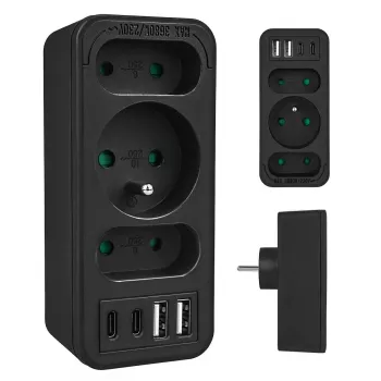 Strāvas sadalītājs MACLEAN MCE248 F/B — 3 maiņstrāvas rozetes (1x16A, 2x6A) un 4 USB porti (2xUSB‑A, 2xUSB‑C PD 20W), ES spraudnis, melns