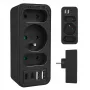Strāvas sadalītājs MACLEAN MCE248 F/B — 3 maiņstrāvas rozetes (1x16A, 2x6A) un 4 USB porti (2xUSB‑A, 2xUSB‑C PD 20W), ES spraudnis, melns
