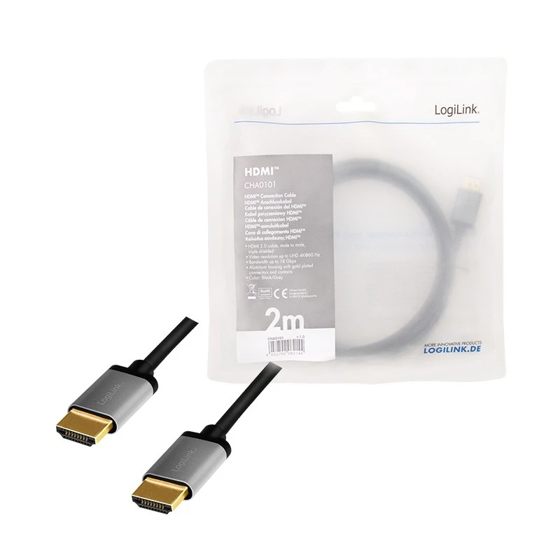 LogiLink CHA0101 HDMI AV kabelis melns-pelēks 2m HDMI uz HDMI spraudņi