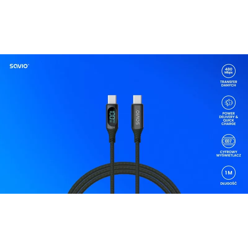 Savio USB-C — USB-C kabelis CL-174 1 m melns USB 3.2 Gen 1