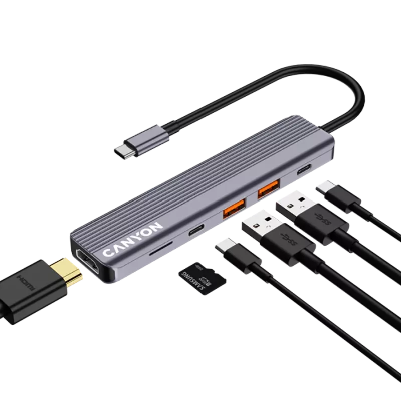 USB Type-C centrmezgls CANYON DS-17 — HDMI, USB 3.2 Gen 1 A, USB-C, MicroSD, 10000 Mbit/s, pelēks