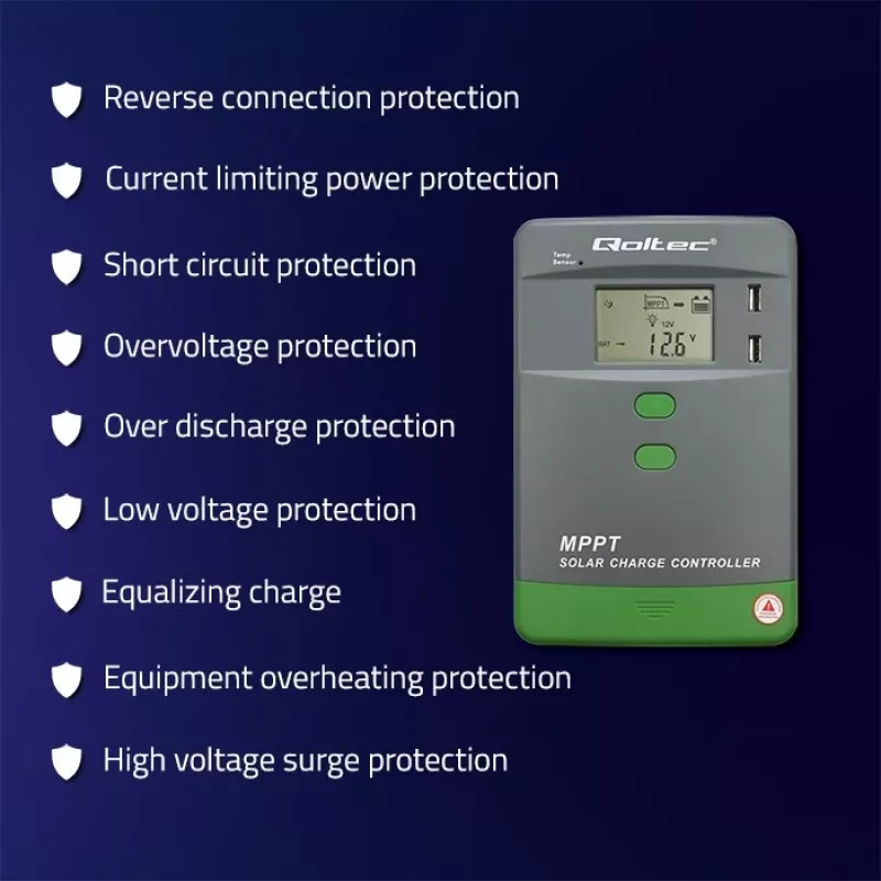 MPPT saules uzlādes kontrolieris QOLTEC 10A 12V/24V sistēmām ar LCD displeju