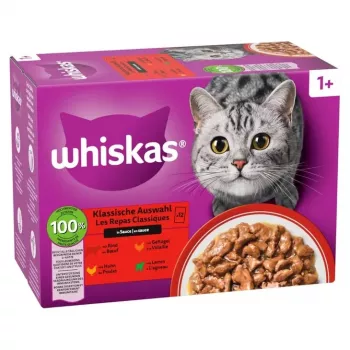 Mitrā kaķu barība paciņā Whiskas asorti 80 x 85 g — jaukta mājputnu, jēra, liellopu, vistas