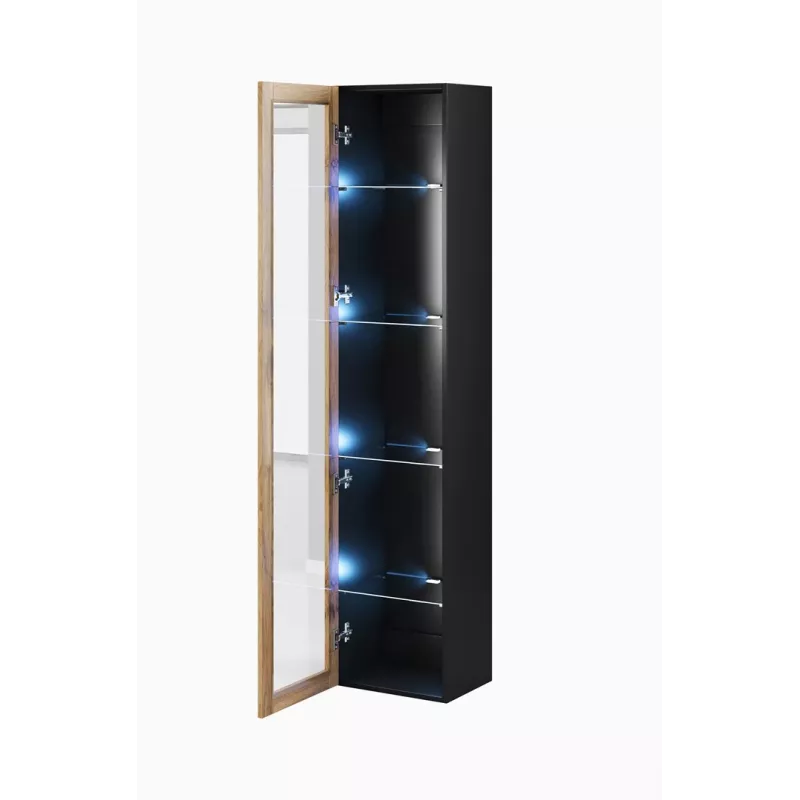 Vitrīna Cama Meble VIGO 180 pie sienas stiprināma stikla vitrīna 1800×400×300 mm melna/wotan ozols