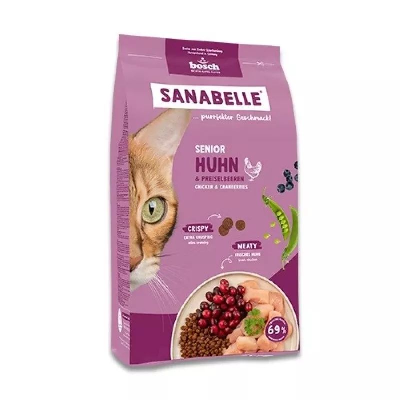 Sausā kaķu barība Bosch Sanabelle Life Senior — vistas gaļa un dzērvenes, 8 kg, 29% olbaltumvielu, 13% tauku