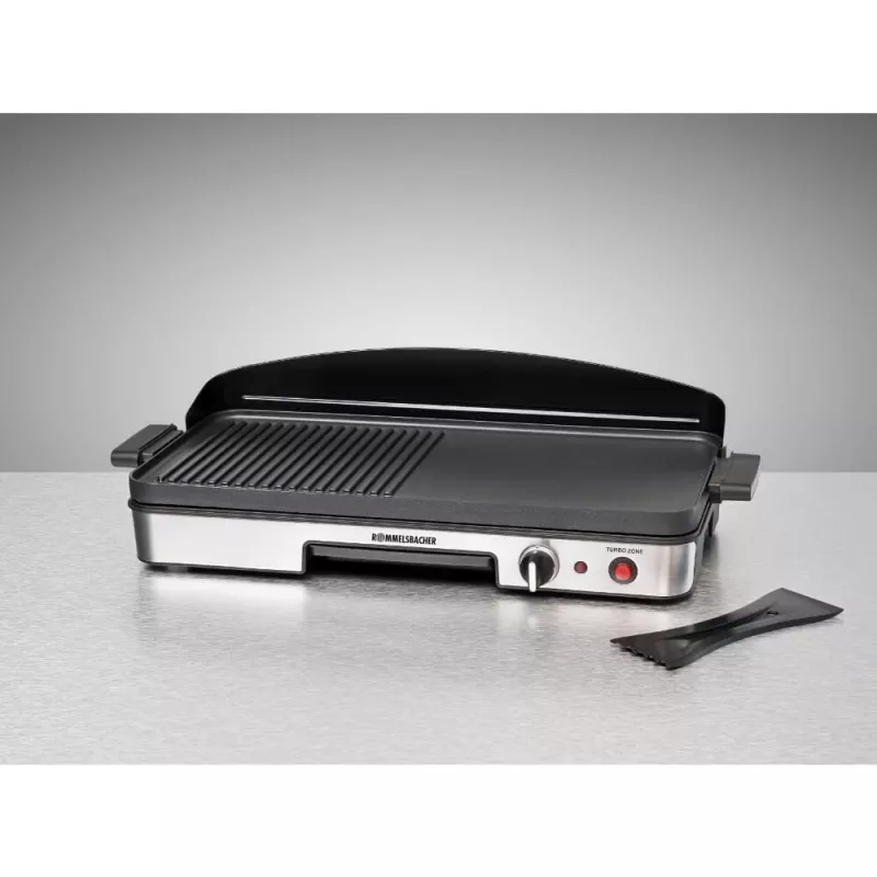 Elektriskais galda grils Rommelsbacher BBQ 2003 — 1900 W, 50×25 cm, rievota + Teppanyaki, regulējams termostats, sudraba/melns