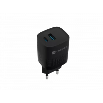NATEC vadu mobilās ierīces lādētājs NUC-2141, 30W, USB-C PD 3.0 + USB-A QC 3.0, 110–240V, melns