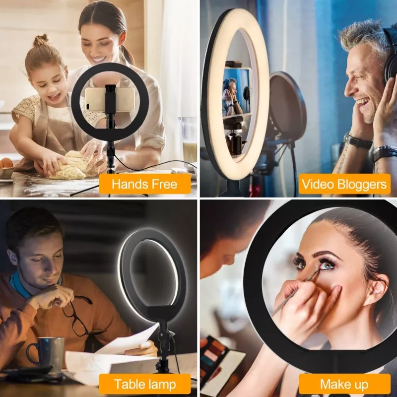 Maclean MCE610 10 12W LED gredzena gaisma ar statīvu un Bluetooth slēdzi, 3 krāsas, 10 spilgtuma līmeņi, 10%–100% regulējams spilgtums, 160 LED, viedtālruņa turētājs, apgaismojuma gaisma