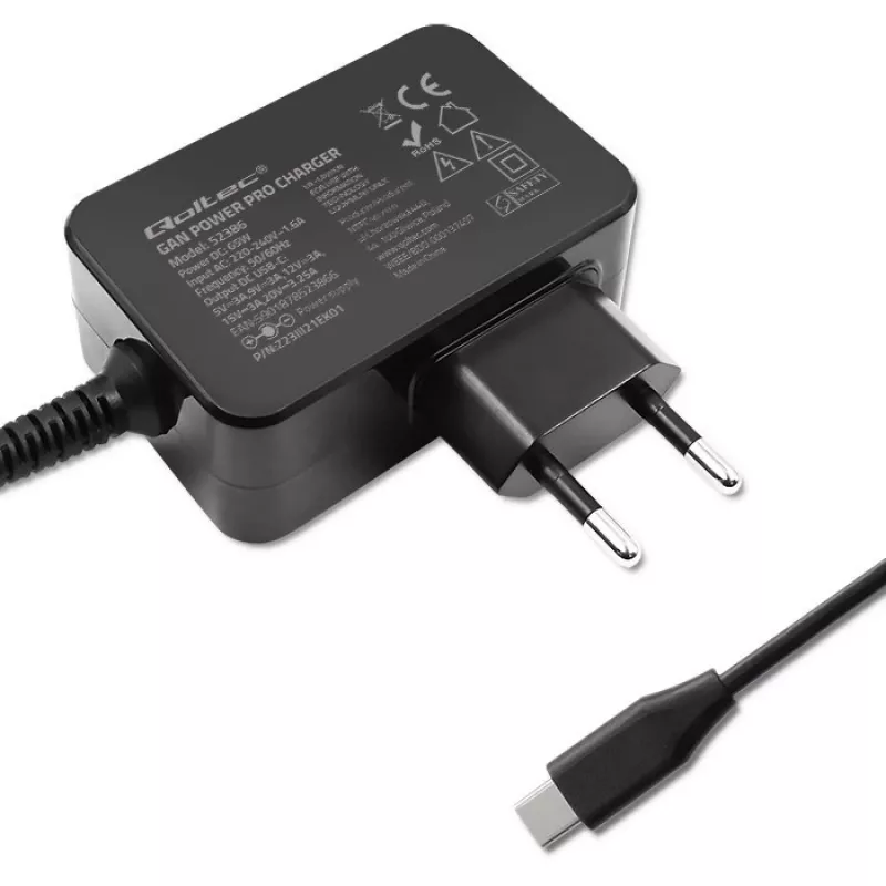 Qoltec 52386 GaN POWER PRO lādētājs | 1xUSB-C | 65W | 5-20V | 3-3.25A | Melns