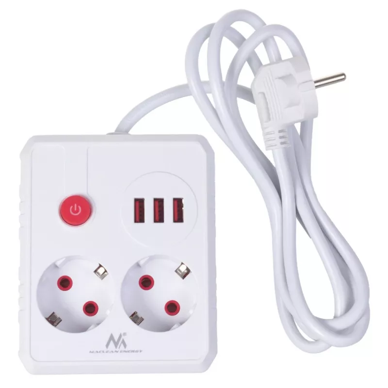 Strāvas sadalītājs MACLEAN MCE387 W — 2 rozetes, 3×USB A, 110–240V, 2500W, 1,5 m kabelis, balts