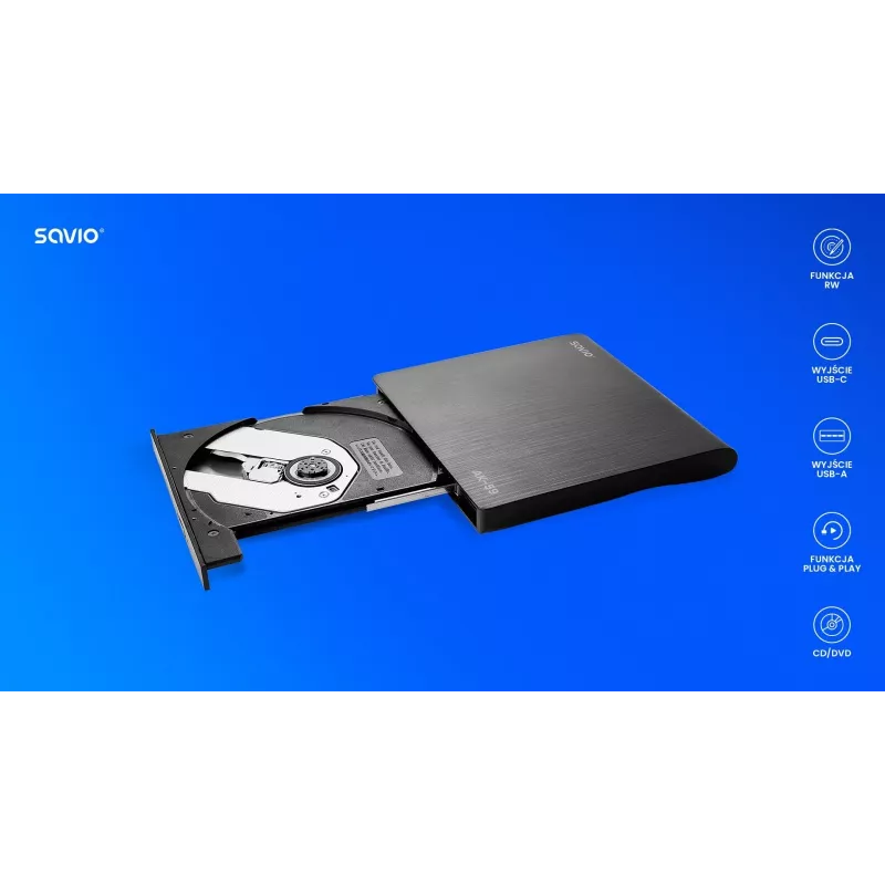 SAVIO AK-59 Ārējais plānais CD/DVD ierakstītājs R/RW - USB-C/USB-A, melns