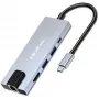 USB-C centrmezgls QOLTEC 53795 5-in-1 ar 100W PD, 2×USB-A, HDMI 4K, RJ45
