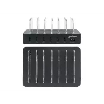 Manhattan uzlādes stacija, 6x USB-A pieslēgvietas, izejas: 6x 2.4A, viedā IC, LED indikatora gaismiņas, melna, trīs gadu garantija