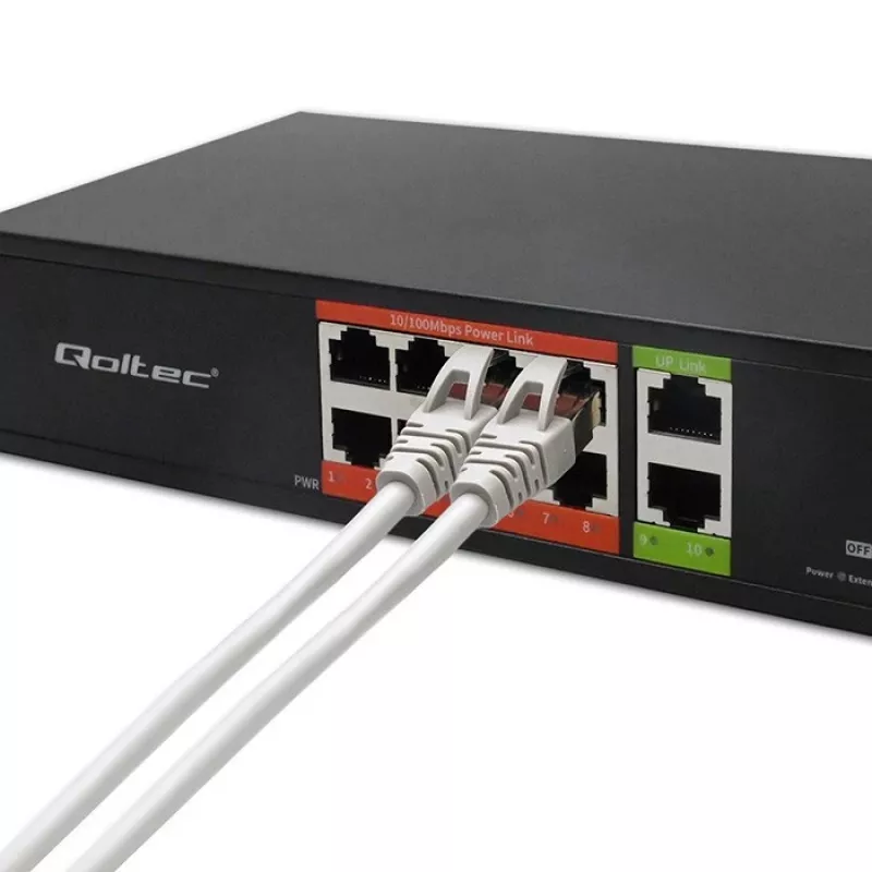 Tīkla komutators QOLTEC FAST Ethernet PoE 8xRJ45 ar 2xRJ45 augšupsaiti (modelis 52290)