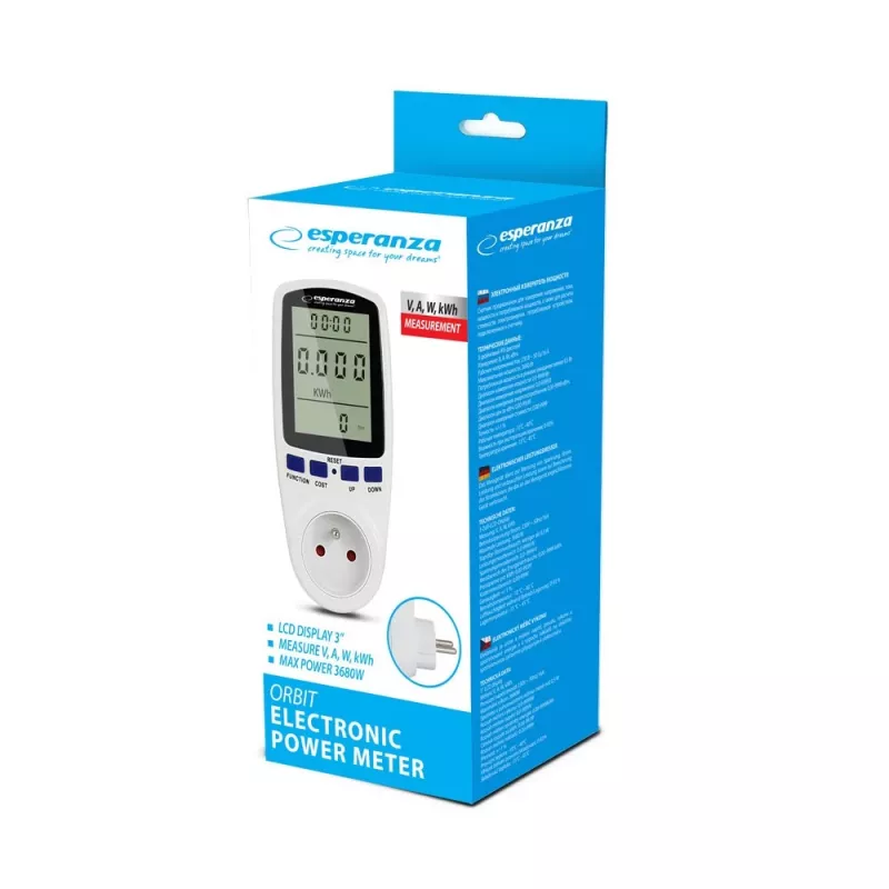 Elektrības patēriņa mērītājs ESPERANZA ELA103 ar LCD displeju — 16 A, 3680 W, 230 V, 50–60 Hz