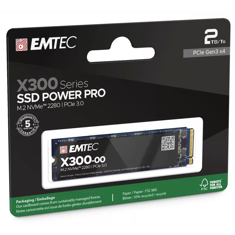 Iekšējais M.2 2280 NVMe SSD EMTEC X300 Power Pro 2TB PCIe Gen3 x4 — 2500/2000 MB/s