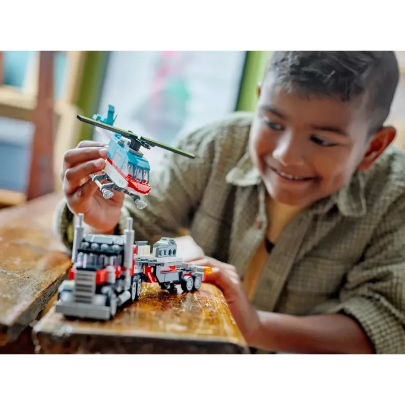 LEGO Creator 2-in-1 komplekts “Flatbed Truck with Helicopter” 31146, pārveidojams būvējums bērniem