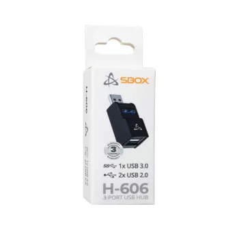 USB centrmezgls SBOX H-606 — 3 portu USB-A (1x USB 3.0, 2x USB 2.0)