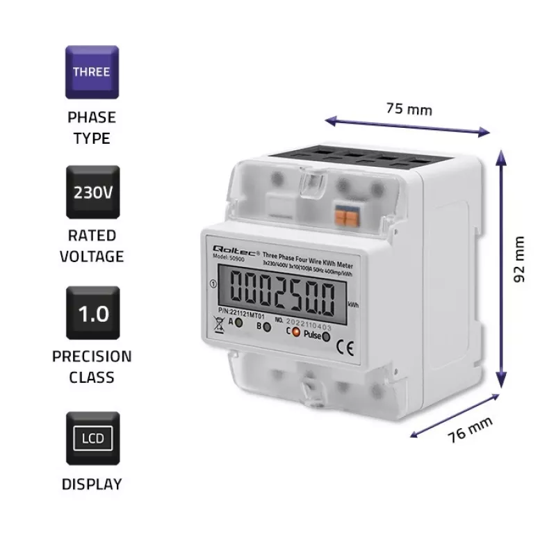 Trīsfāžu elektroniskais enerģijas skaitītājs QOLTEC 50900 400V LCD 4P