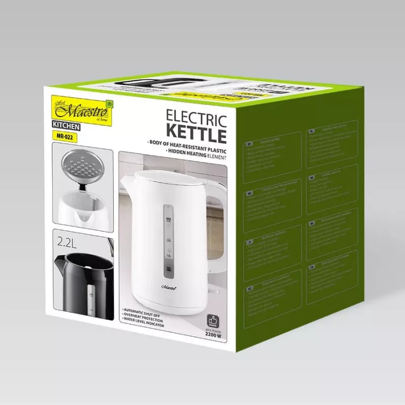 Elektriskā tējkanna Maestro MR-022-balta, 2,2 L, 1850–2200 W, plastmasas korpuss, 360° pamatne, pretkaļķu filtrs, ūdens līmeņa indikators