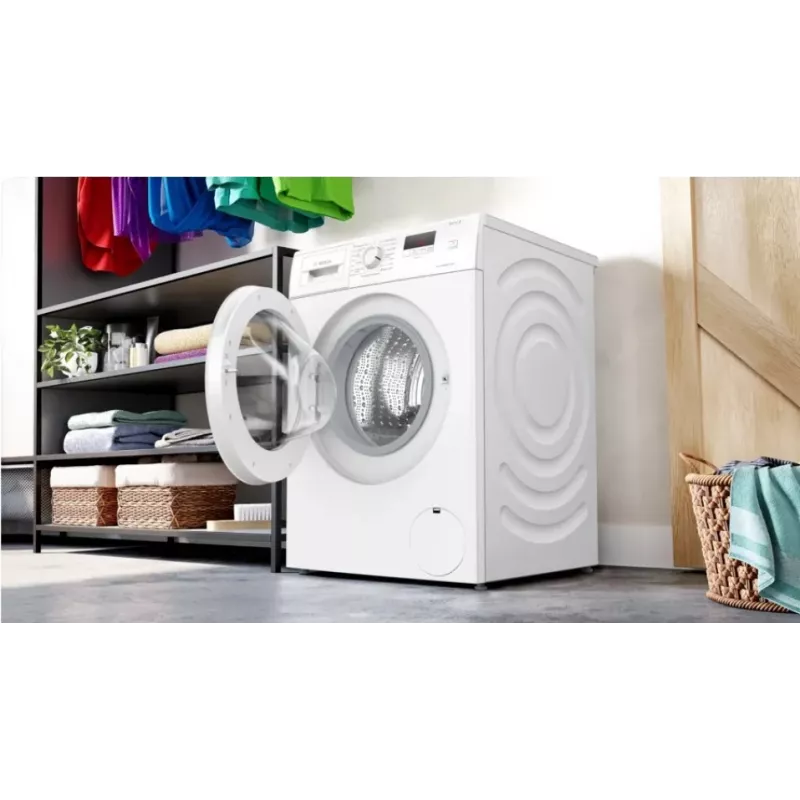 Priekšpusē lādējama veļas mašīna Bosch WGE02201PL — 8 kg, 1200 apgr./min, 55 L tilpnes, LED displejs, invertors