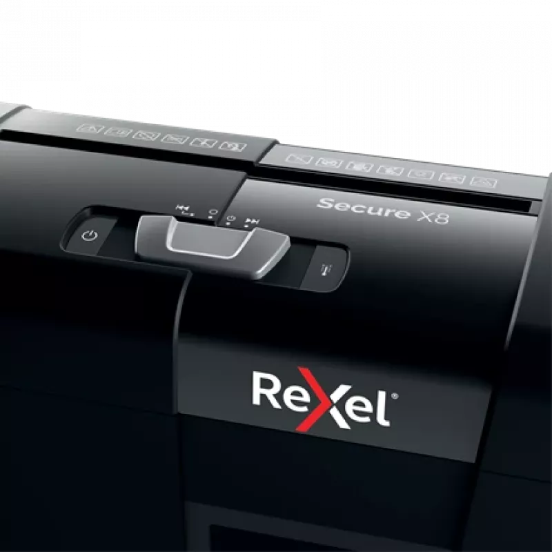 Papīra smalcinātājs REXEL Secure X8 — šķērsgriezuma P-4, 4x40 mm, 8 lapu ietilpība, 14 l tvertne, melns