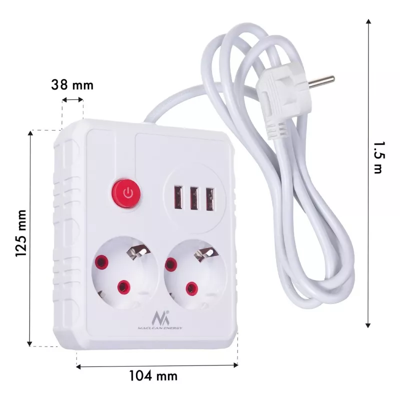 Strāvas sadalītājs MACLEAN MCE387 W — 2 rozetes, 3×USB A, 110–240V, 2500W, 1,5 m kabelis, balts