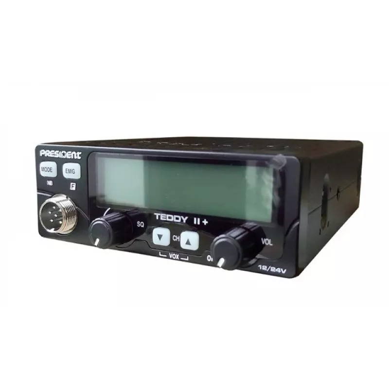 CB radio President Teddy II+ — 40 kanāli, 4W TX, 12/24V, trokšņu bloķētājs, 125×125×45 mm
