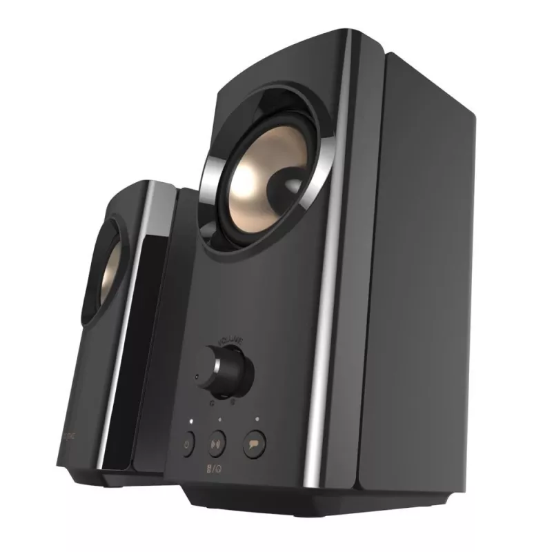 CREATIVE T60 2.0 kompakti Hi-Fi galda skaļruņi ar skaidru dialogu un apkārtējo skaņu, izmantojot Sound Blaster SmartComms komplektu, USB-C audio, mikrofona un austiņu portiem B