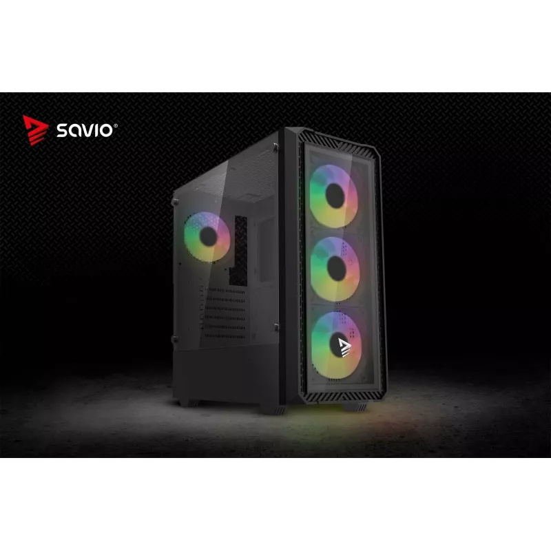 PC kuba korpuss SAVIO Noctis Glass RGB — Melns, ATX/Micro-ATX, 210×410×450 mm, 3×120 mm priekšējie ventilatori