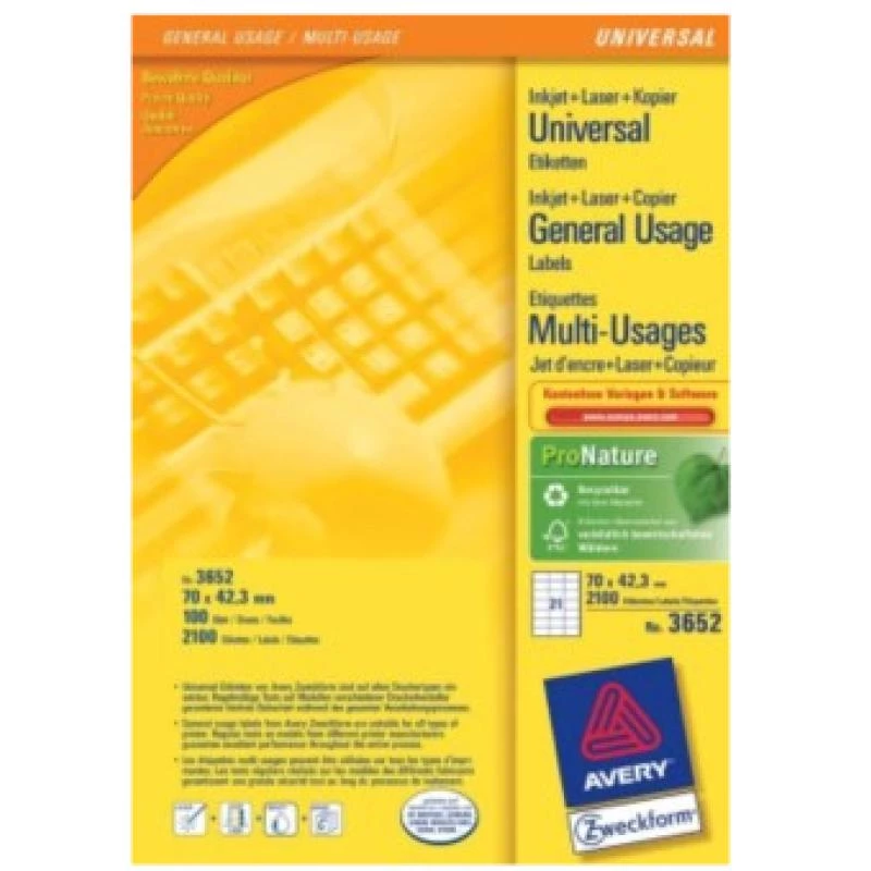 Avery - Etiķetes - Baltas - 42,3 X 70 Mm 2100 etiķetes (100 loksnes X 21) (3652)