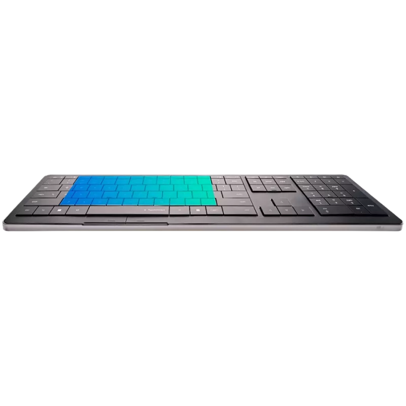 Bezvadu tastatūra CLEVETURA CLVX 1 Touch-On-Keys AI, ANSI US Windows izkārtojums, šķērveida slēdži, alumīnija korpuss, interaktīva RGB apgaismojums