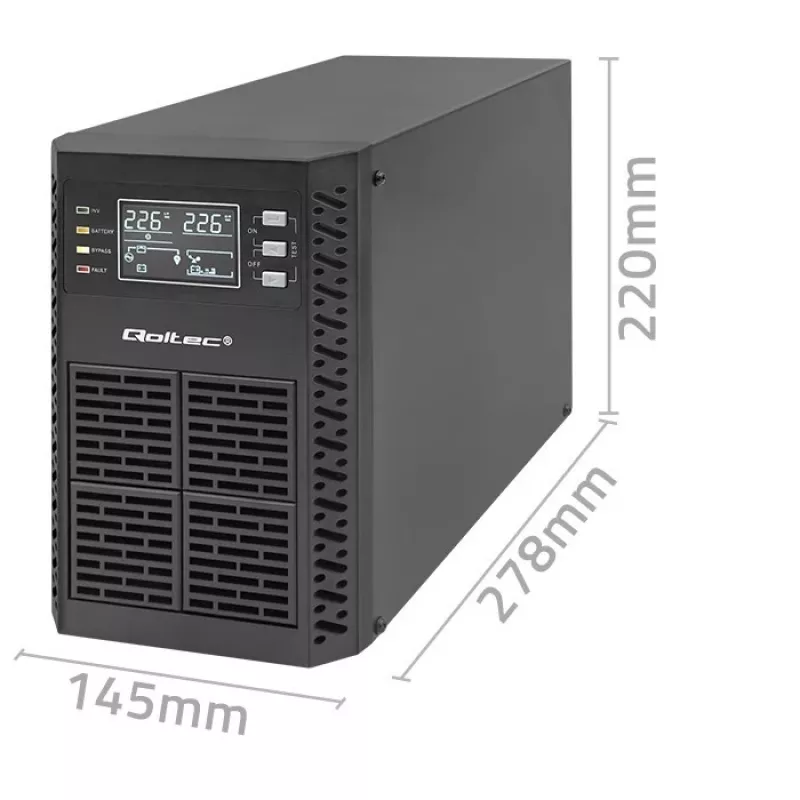 Qoltec Nepārtrauktās barošanas avots (UPS) | 1kVA | 1000W | Jaudas koeficients 1.0 | LCD | EPO | USB | Online