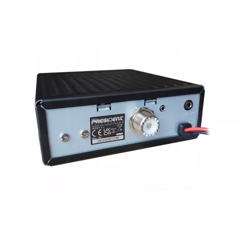 CB radio President Teddy II+ — 40 kanāli, 4W TX, 12/24V, trokšņu bloķētājs, 125×125×45 mm