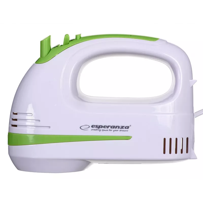Rokas mikseris ESPERANZA EKM011 — 400 W, 5 ātrumi, turbo, mīklas āķi un putotāji, 220–240 V, balts/gaiši zaļš