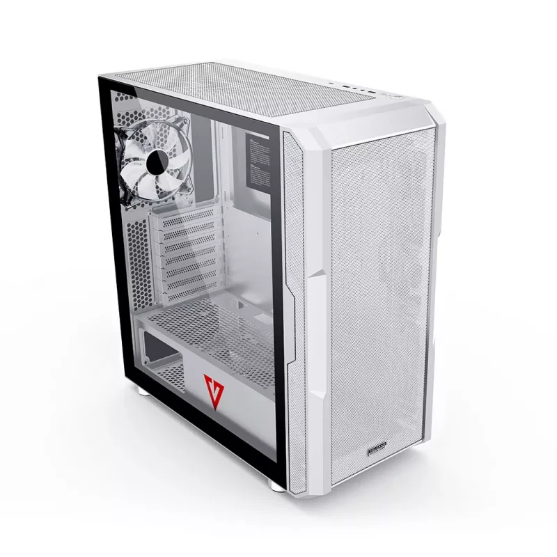 PC korpuss MODECOM AMIRANI ARGB Midi Tower balts — ATX/ITX, 35 cm GPU, 16,5 cm CPU dzesētājs, 2x200 mm ventilatori