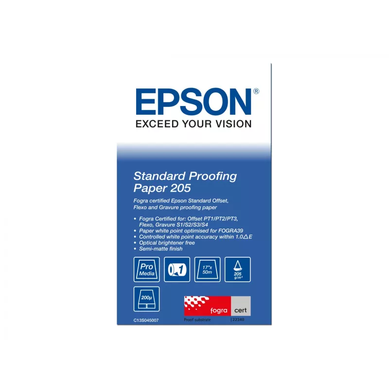 Epson Standard Proofing Paper, 17 collu x 50m, 205g/m², 50 m, 43,2 cm, 43,2 cm (17 collas), Matēts, 190 µm, 205 g/m²