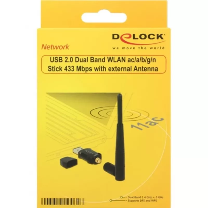 DeLock USB2.0 Dual Band WLAN ac/a/b/g/n Stick - tīkla adapteris - USB2.0 - 802.11b, 802.11a, 802.11g, 802.11n, 802.11ac - Melns (12462)